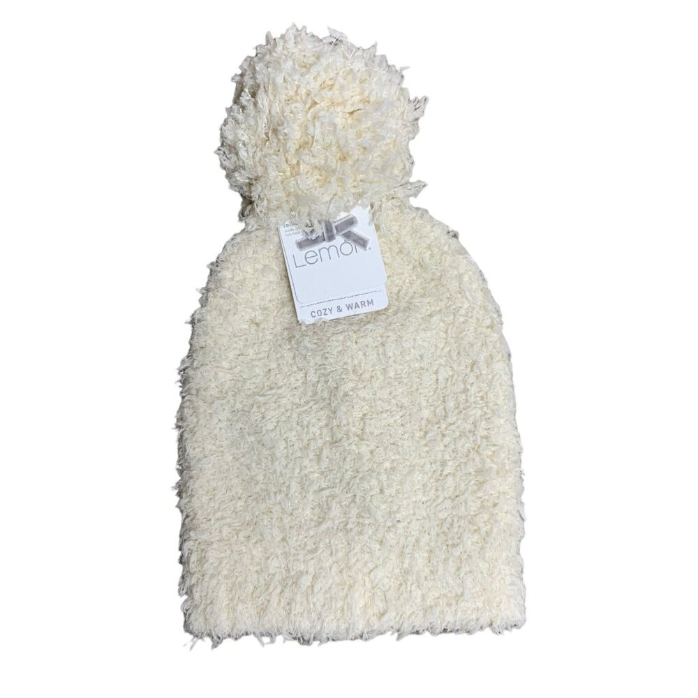 Lemon Cozy Warm Fuzzy Fleece Knit Beanie Hat One Size Cream Puff Ball NEW